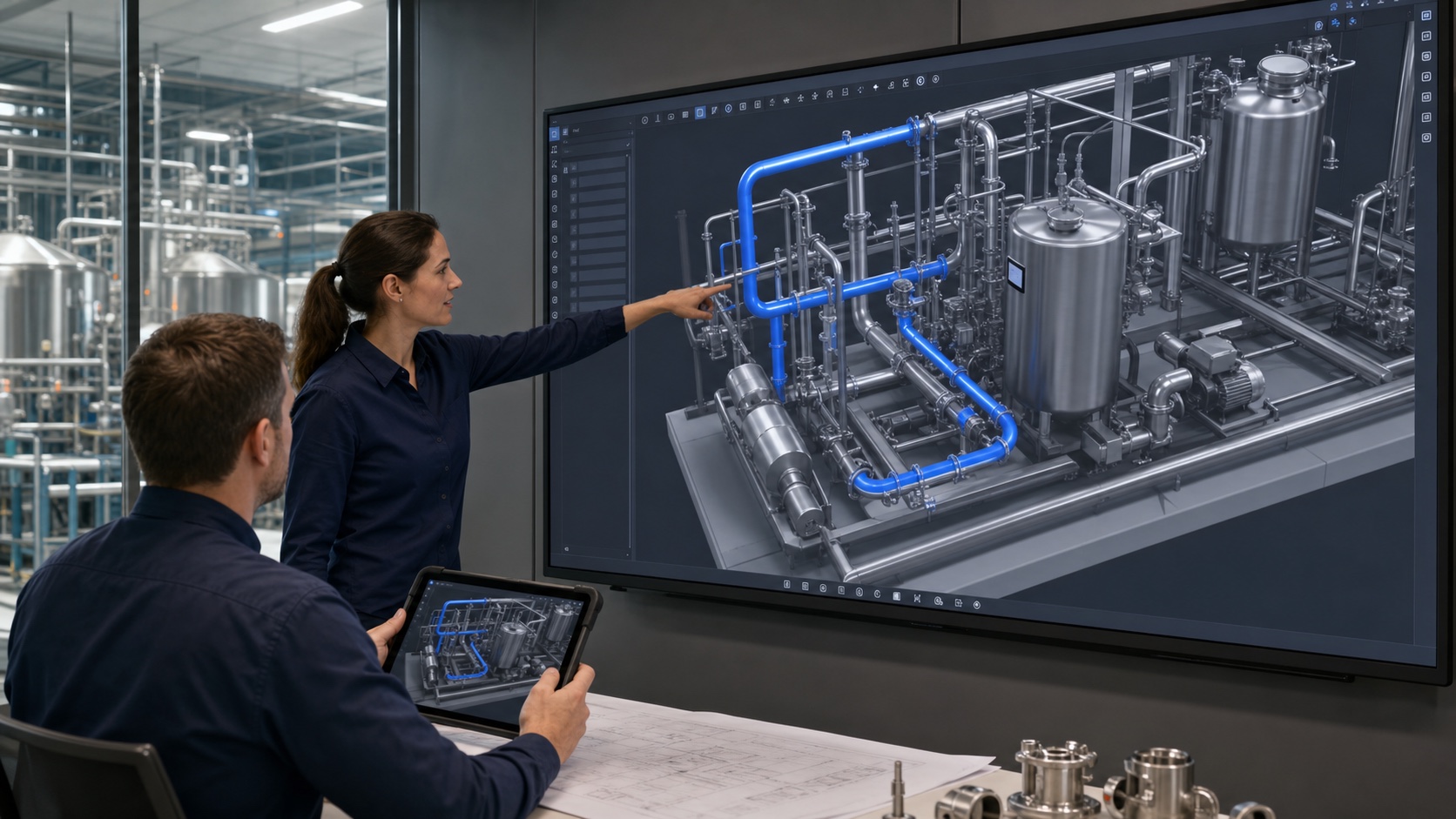 Process engineers coordinating hygienic piping for a liquid-food production system in Plantica