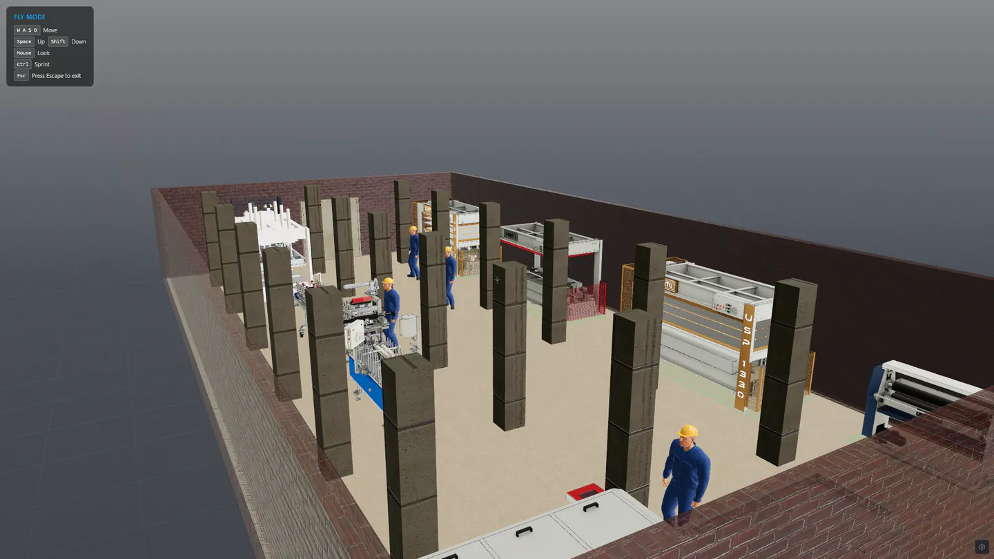 3D tesis sahnesi, uçuş modunda fabrika yerleşim incelemesi